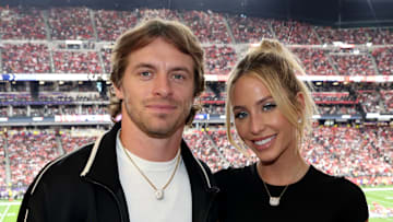 Braxton Berrios and Alix Earle attend the Super Bowl LVIII Pregame at Allegiant Stadium on February 11, 2024 