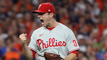 Oct 28, 2022; Houston, Texas, USA; Philadelphia Phillies relief pitcher David Robertson (30) reacts after defeating the Houston Astros in game one of the 2022 World Series at Minute Maid Park. Mandatory Credit: Troy Taormina-Imagn Images