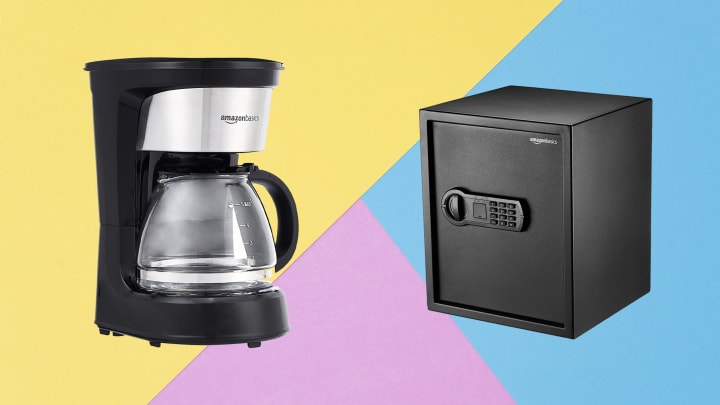 Amazon Basics coffee maker and safe against colorful background. 