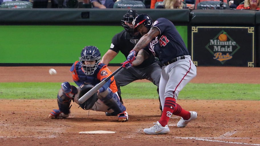 Washington Nationals DH Howie Kendrick hits a home run in Game 7 of the 2019 World Series.