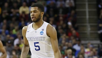 Mar 26, 2015; Cleveland, OH, USA; Kentucky Wildcats guard Andrew Harrison (5) dribbles the ball during the first half against the West Virginia Mountaineers.