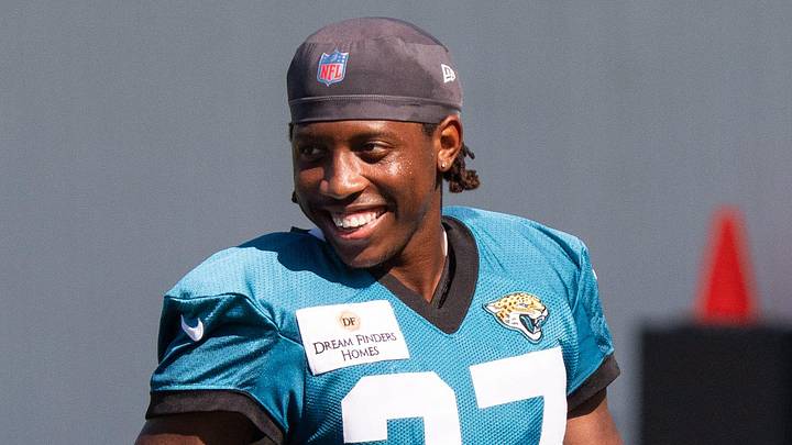Jacksonville Jaguars defensive back Adan White (40) has a laugh with Jacksonville Jaguars cornerback Jabbar Muhammad (37) after the Jacksonville Jaguars’ 18th and final training camp practice at Miller Electric Center in Jacksonville, Fla. Wednesday August 20, 2025. [Doug Engle/Florida Times-Union]