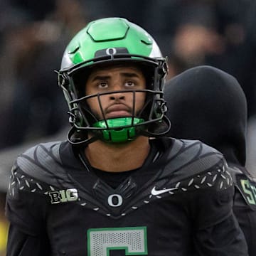 Oregon Ducks quarterback Dante Moore looks toward the scoreboard as the Oregon Ducks host the Indiana Hoosiers Oct. 11, 2025, at Autzen Stadium in Eugene, Oregon.