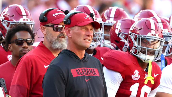Oct 4, 2025; Tuscaloosa, Alabama, USA; Alabama Crimson Tide head coach Kalen DeBoer watches from the sidelines during the second quarter against the Vanderbilt Commodores at Saban Field at Bryant-Denny Stadium. Mandatory Credit: David Leong-Imagn Images Oct 4, 2025; Tuscaloosa, Alabama, USA; Alabama Crimson Tide head coach Kalen DeBoer watches from the sidelines during the second quarter against the Vanderbilt Commodores at Saban Field at Bryant-Denny Stadium. Mandatory Credit: David Leong-Imagn Images