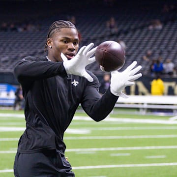 Oct 13, 2024; New Orleans, Louisiana, USA;  New Orleans Saints linebacker Anfernee Orji (58) during warmups before the game against the Tampa Bay Buccaneers at Caesars Superdome. Mandatory Credit: Stephen Lew-Imagn Images
