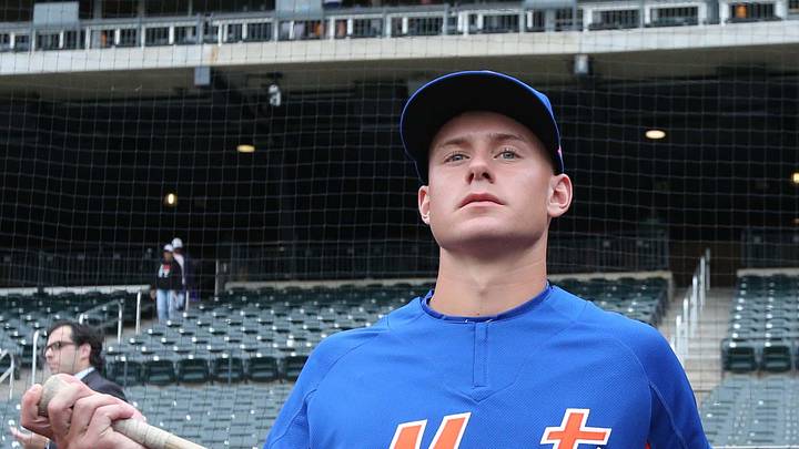 Jun 27, 2018; New York City, NY, USA; New York Mets 2018 first round draft pick Jarred Kelenic on the field during batting practice before a game against the Pittsburgh Pirates at Citi Field. Mandatory Credit: Brad Penner-Imagn Images