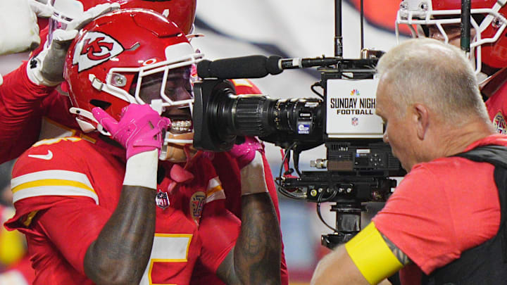 Oct 12, 2025; Kansas City, Missouri, USA; Kansas City Chiefs wide receiver Marquise Brown (5) reacts after making a touchdown against the Detroit Lions during the second half at GEHA Field at Arrowhead Stadium. Mandatory Credit: Jay Biggerstaff-Imagn Images Oct 12, 2025; Kansas City, Missouri, USA; Kansas City Chiefs wide receiver Marquise Brown (5) reacts after making a touchdown against the Detroit Lions during the second half at GEHA Field at Arrowhead Stadium. Mandatory Credit: Jay Biggerstaff-Imagn Images
