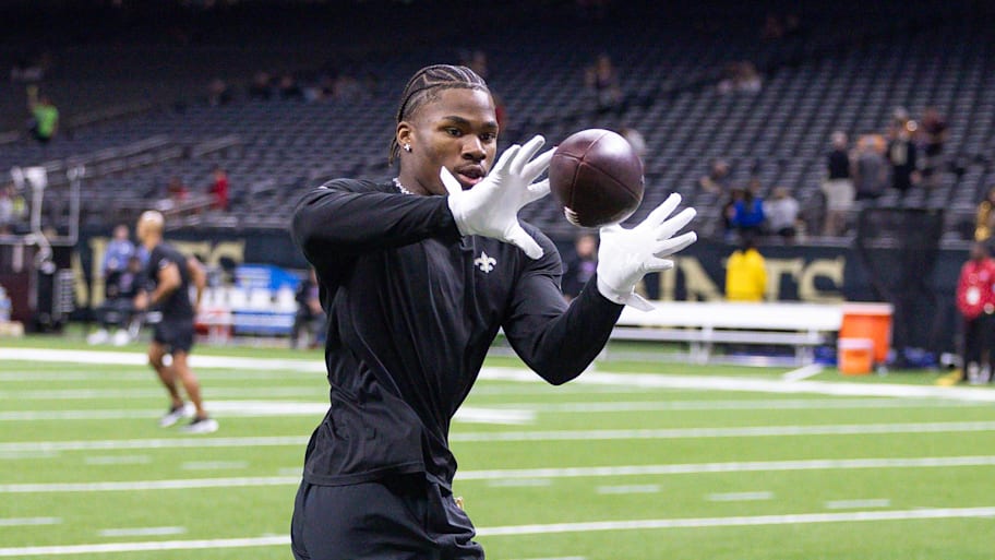 Oct 13, 2024; New Orleans, Louisiana, USA;  New Orleans Saints linebacker Anfernee Orji (58) during warmups before the game against the Tampa Bay Buccaneers at Caesars Superdome. Mandatory Credit: Stephen Lew-Imagn Images | Stephen Lew-Imagn Images