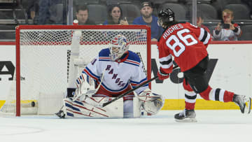 New Jersey Devils center Jack Hughes (86) scores on a penalty shot past New York Rangers goaltender Igor Shesterkin (31): Vincent Carchietta-USA TODAY Sports