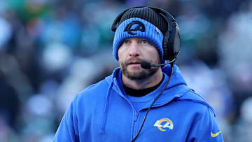 Dec 22, 2024; East Rutherford, New Jersey, USA; Los Angeles Rams head coach Sean McVay coaches against the New York Jets during the second quarter at MetLife Stadium. Mandatory Credit: Brad Penner-Imagn Images