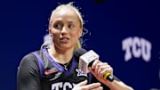 Oct 22, 2024; Kansas City, MO, USA; TCU Horned Frogs guard Hailey Van Lith (10) talks to media during Big 12 Women’s Basketball Media Day at T-Mobile Center. Mandatory Credit: Jay Biggerstaff-Imagn Images