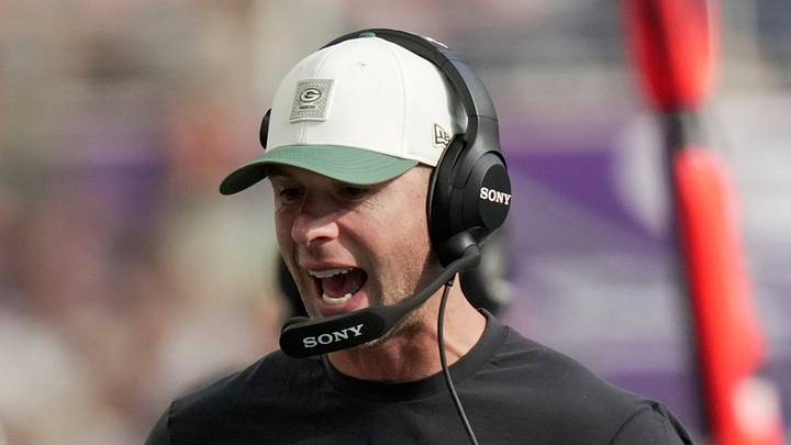 Green Bay Packers defensive coordinator Jonathan Gannon is shown during the second quarter of their game against the Minnesota Vikings Sunday, Sept. 13, 2026 at U.S. Bank Stadium in Minneapolis, Minnesota.