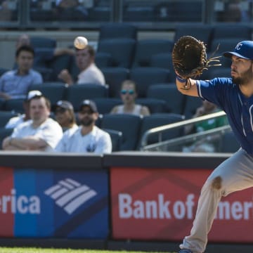 Sep 25, 2017; Bronx, NY, USA; Kansas City Royals first baseman Eric Hosmer (35) catches the ball to