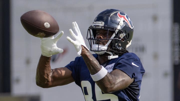 Jul 30, 2023; Houston, TX, USA; Houston Texans wide receiver Noah Brown (85) catches a pass during training camp practice at the Houston Methodist Training Center. Mandatory Credit: Thomas Shea-USA TODAY Sports