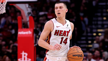 Dec 29, 2024; Houston, Texas, USA; Miami Heat guard Tyler Herro (14) handles the ball against the Houston Rockets during the third quarter at Toyota Center. Mandatory Credit: Erik Williams-Imagn Images
