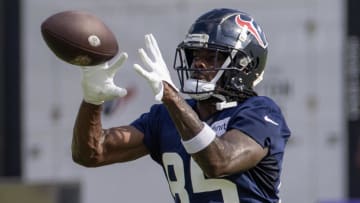 Jul 30, 2023; Houston, TX, USA; Houston Texans wide receiver Noah Brown (85) catches a pass during training camp practice at the Houston Methodist Training Center. Mandatory Credit: Thomas Shea-USA TODAY Sports