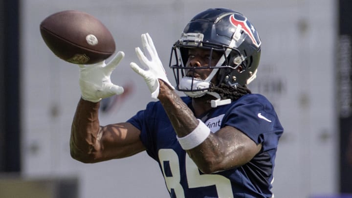 Jul 30, 2023; Houston, TX, USA; Houston Texans wide receiver Noah Brown (85) catches a pass during training camp practice at the Houston Methodist Training Center. Mandatory Credit: Thomas Shea-USA TODAY Sports