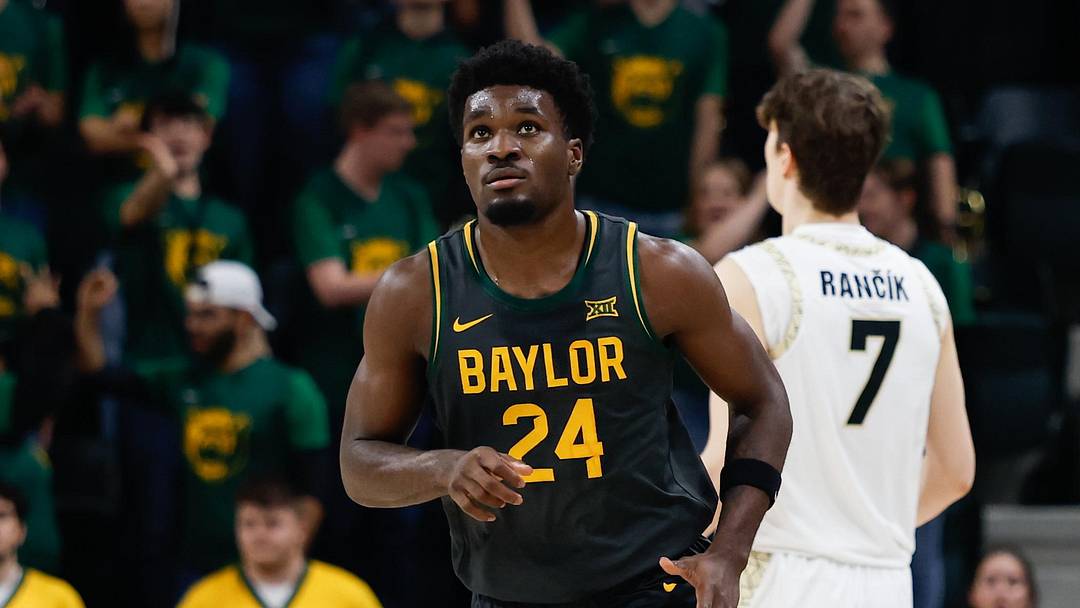 Feb 4, 2026; Waco, Texas, USA;  Baylor Bears guard Tounde Yessoufou (24) reacts after scoring a three-point basket against the Colorado Buffaloes during the first half at Paul and Alejandra Foster Pavilion.