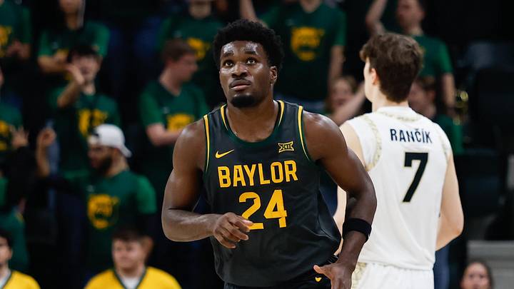 Feb 4, 2026; Waco, Texas, USA;  Baylor Bears guard Tounde Yessoufou (24) reacts after scoring a three-point basket against the Colorado Buffaloes during the first half at Paul and Alejandra Foster Pavilion.