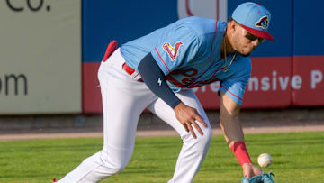 Peoria Chiefs outfielder Joshua Baez fields a hit to left field during a game against the Michigan Whitecaps on Wednesday, May 15, 2024 at Dozer Park in Peoria.