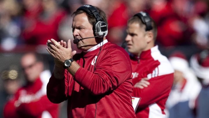 November 5, 2011; Columbus, OH, USA; Indiana Hoosiers head coach Kevin Wilson reacts to his team's first down against the Ohio State Buckeyes at Ohio Stadium.  Mandatory Credit: Greg Bartram-USA TODAY Sports