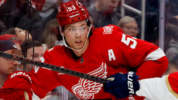 Oct 15, 2025; Detroit, Michigan, USA;  Florida Panthers center Carter Verhaeghe (23) checks Detroit Red Wings defenseman Moritz Seider (53) in the third period at Little Caesars Arena. Mandatory Credit: Rick Osentoski-Imagn Images