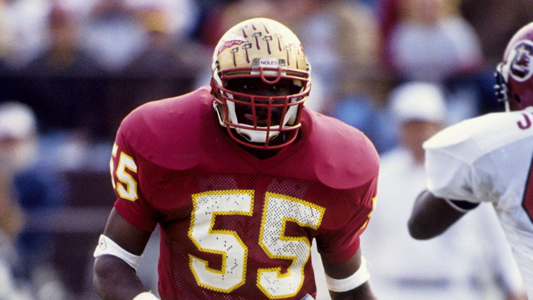 Nov 9 1991; Tallahassee, FL, USA; FILE PHOTO; Florida State Seminoles linebacker Marvin Jones (55) in action against the South Carolina Gamecocks at Doak Campbell Stadium. Mandatory Credit: RVR Photos-Imagn Images Nov 9 1991; Tallahassee, FL, USA; FILE PHOTO; Florida State Seminoles linebacker Marvin Jones (55) in action against the South Carolina Gamecocks at Doak Campbell Stadium. Mandatory Credit: RVR Photos-Imagn Images