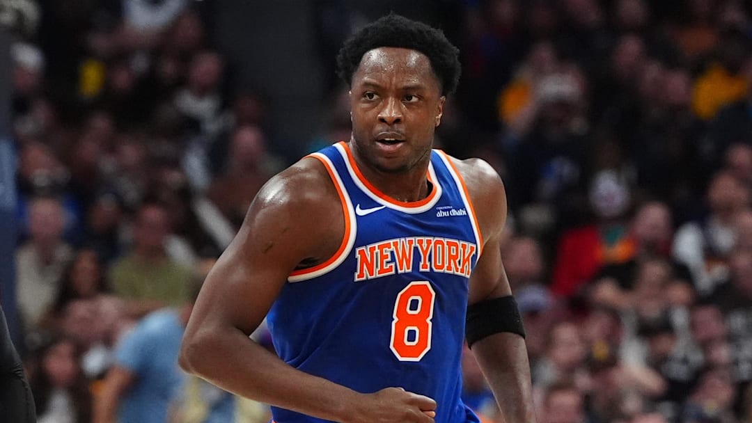 Nov 25, 2024; Denver, Colorado, USA; New York Knicks guard Jalen Brunson (11) reacts towards forward OG Anunoby (8) in the second quarter against the Denver Nuggets at Ball Arena. Mandatory Credit: Ron Chenoy-Imagn Images Nov 25, 2024; Denver, Colorado, USA; New York Knicks guard Jalen Brunson (11) reacts towards forward OG Anunoby (8) in the second quarter against the Denver Nuggets at Ball Arena. Mandatory Credit: Ron Chenoy-Imagn Images