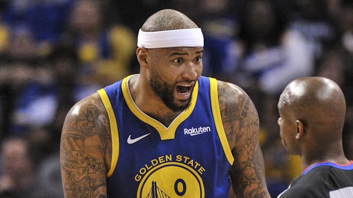 Mar 27, 2019; Memphis, TN, USA; Golden State Warriors center DeMarcus Cousins (0) talks with referee Dedric Taylor (21) during the second half at FedExForum. Mandatory Credit: Justin Ford-Imagn Images Mar 27, 2019; Memphis, TN, USA; Golden State Warriors center DeMarcus Cousins (0) talks with referee Dedric Taylor (21) during the second half at FedExForum. Mandatory Credit: Justin Ford-Imagn Images