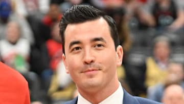 Toronto Raptors forward Scottie Barnes is presented with an official NBA all-star ball by general manager Bobby Webster.