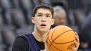 Mar 26, 2025; Newark, NJ, USA; Brigham Young Cougars guard Egor Demin (3) warms up during a practice session in preparation for an East Regional semifinal game against the Alabama Crimson Tide at Prudential Center. Mandatory Credit: Vincent Carchietta-Imagn Images