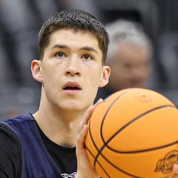 Mar 26, 2025; Newark, NJ, USA; Brigham Young Cougars guard Egor Demin (3) warms up during a practice session in preparation for an East Regional semifinal game against the Alabama Crimson Tide at Prudential Center. Mandatory Credit: Vincent Carchietta-Imagn Images