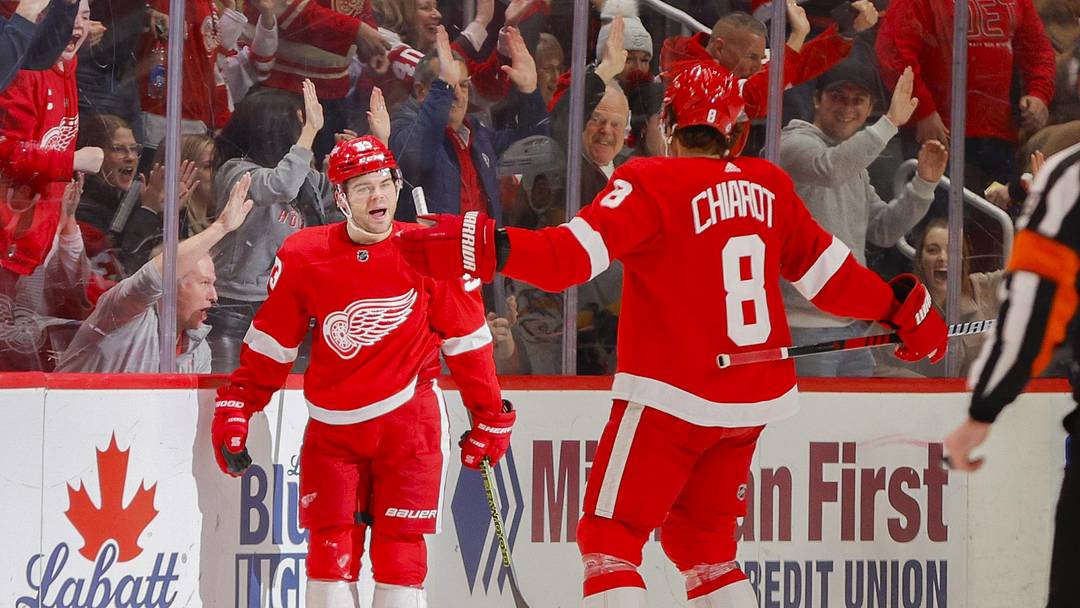 Dec 29, 2023; Detroit, Michigan, USA; Detroit Red Wings right wing Alex DeBrincat (93) celebrates a goal with teammate Ben Chiarot (8) during the third period of the game between the Detroit Red Wings and the Nashville Predators at Little Caesars Arena. Mandatory Credit: Brian Bradshaw Sevald-Imagn Images