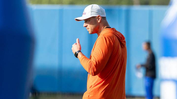 Florida head coach Jon Sumrall watches defensive drills during spring practice at Sanders Practice Fields in Gainesville, FL on Tuesday, March 31, 2026. [Alan Youngblood/Gainesville Sun]