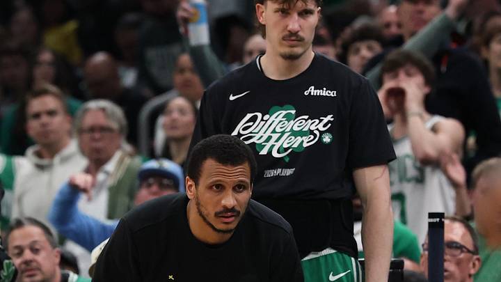 May 2, 2026; Boston, Massachusetts, USA; Boston Celtics head coach Joe Mazzulla and guard Baylor Scheierman (55) look on during their loss to the Philadelphia 76ers in game seven of the first round of the 2026 NBA Playoffs at TD Garden. Mandatory Credit: Winslow Townson-Imagn Images