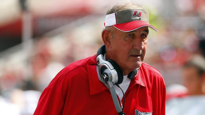 Tampa Bay Buccaneers defensive coordinator Monte Kiffin against the Atlanta Falcons during the first half at Raymond James Stadium.