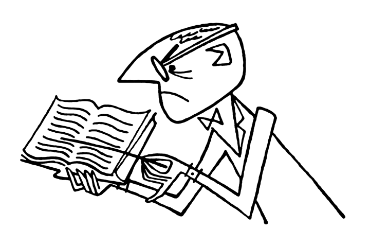 cartoon drawing of a stern man pointing at a book