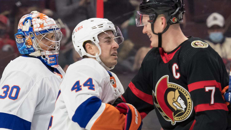 Dec 7, 2021; Ottawa, Ontario, CAN; New York Islanders center Jean-Gabriel Pageau (44) exchanges