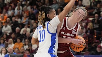 Oklahoma guard Payton Verhulst defended by Kentucky's Dazia Lawrence.