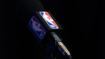 Dec 14, 2019; Mexico City, MEX; A detailed view of a press conference microphone with a NBA logo before the game between the Phoenix Suns and the San Antonio Spurs at Mexico City Arena. 