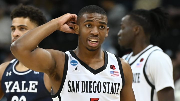 Mar 24, 2024; Spokane, WA, USA; San Diego State Aztecs guard Lamont Butler (5) reacts in the second half against the Yale Bulldogs at Spokane Veterans Memorial Arena. Mandatory Credit: James Snook-USA TODAY Sports