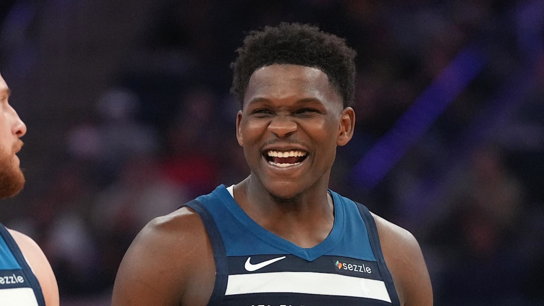 Mar 13, 2026; San Francisco, California, USA; Minnesota Timberwolves guard Anthony Edwards (5) talks with guard Donte DiVincenzo (0) during a break in the action against the Golden State Warriors in the second quarter at the Chase Center. Mandatory Credit: Cary Edmondson-Imagn Images