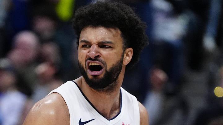 Apr 29, 2025; Denver, Colorado, USA; Denver Nuggets guard Jamal Murray (27) reacts after a steal and basket in the fourth quarter against the LA Clippers during game five of the first round for the 2025 NBA Playoffs at Ball Arena. Mandatory Credit: Ron Chenoy-Imagn Images