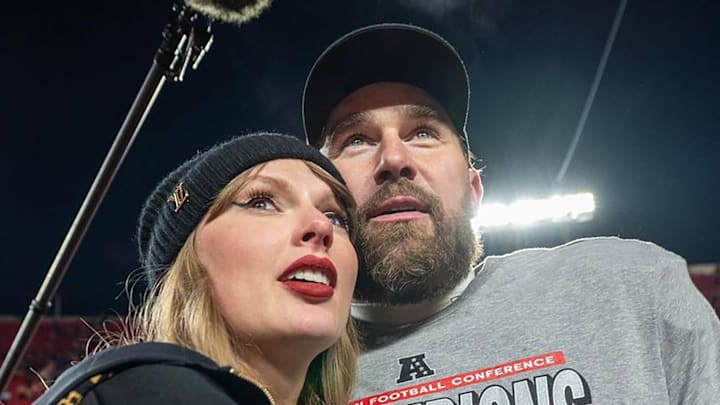 Taylor Swift and Travis Kelce postgame of a Kansas City Chiefs game
