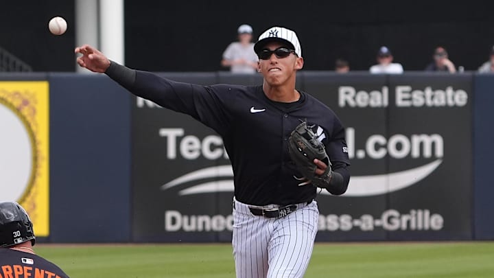 Mar 10, 2025; Tampa, Florida, USA; New York Yankees shortstop George Lombard Jr. (96) throws to first to make the double play as Detroit Tigers outfielder Kerry Carpenter (30) slides into second during the first inning at George M. Steinbrenner Field. Mandatory Credit: Dave Nelson-Imagn Images Mar 10, 2025; Tampa, Florida, USA; New York Yankees shortstop George Lombard Jr. (96) throws to first to make the double play as Detroit Tigers outfielder Kerry Carpenter (30) slides into second during the first inning at George M. Steinbrenner Field. Mandatory Credit: Dave Nelson-Imagn Images