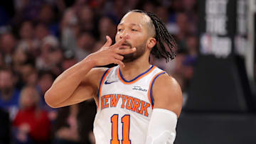 Nov 5, 2025; New York, New York, USA; New York Knicks guard Jalen Brunson (11) celebrates his three point shot against the Minnesota Timberwolves during the third quarter at Madison Square Garden. Mandatory Credit: Brad Penner-Imagn Images