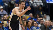 Dec 5, 2025; Nashville, TN, USA;  Gonzaga Bulldogs forward Steele Venters (2) reacts after a made three point basket  against the Kentucky Wildcats during the first half at Bridgestone Arena.