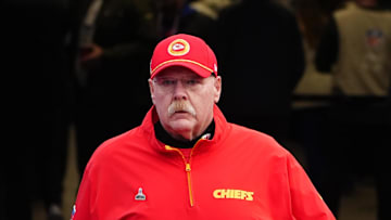 Nov 17, 2024; Orchard Park, New York, USA; Kansas City Chiefs head coach Andy Reid walks onto the field prior to the game against the Buffalo Bills at Highmark Stadium. Mandatory Credit: Gregory Fisher-Imagn Images