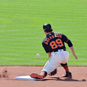 Mar 3, 2023; Scottsdale, Arizona, USA; Colorado Rockies third baseman Ryan McMahon (24) steals second base on San Francisco Giants second baseman Brett Auerbach (89) in the fourth inning during a Spring Training game at Scottsdale Stadium. Mandatory Credit: Matt Kartozian-Imagn Images