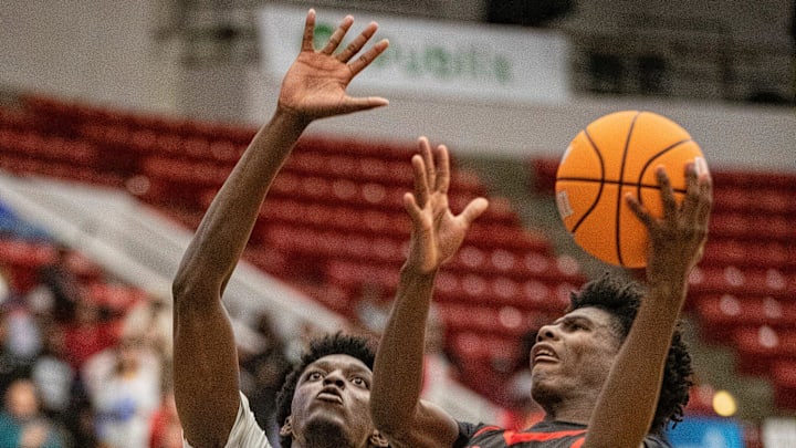 Victory Christian (10) Quinton Wilson goes up for the shot over North Tampa Christian (14) Toni Bryant during the FHSAA 1A state semi final game at the RP Funding Center Tuesday February 25, 2025 in Lakeland Fl. Victory won 65-63 in 4 overtime periods.
Ernst Peters/The Ledger
